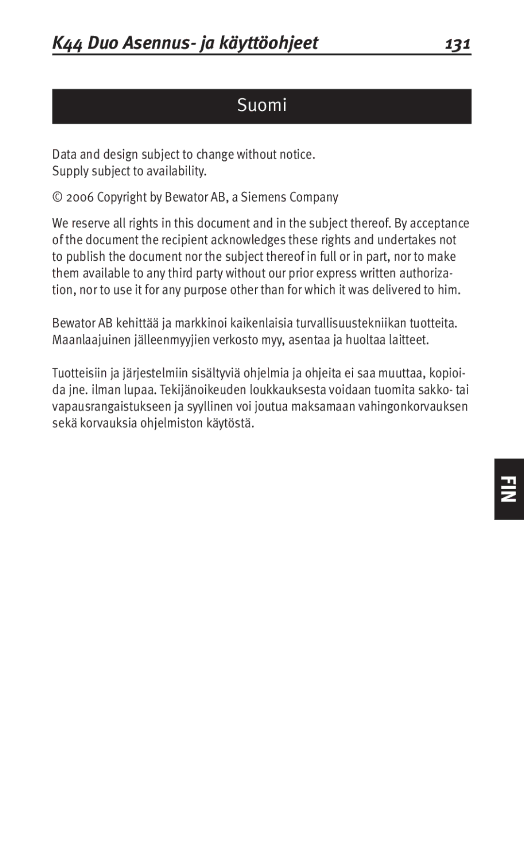 Siemens user manual K44 Duo Asennus- ja käyttöohjeet 131, Suomi 