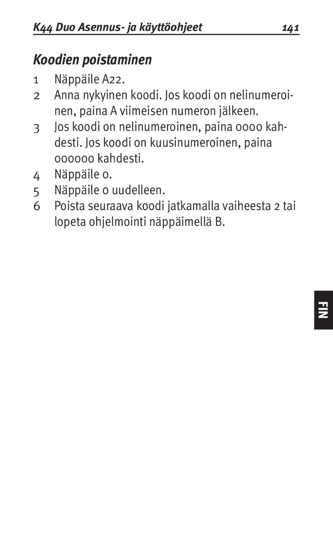 Siemens user manual Koodien poistaminen, K44 Duo Asennus- ja käyttöohjeet 141 