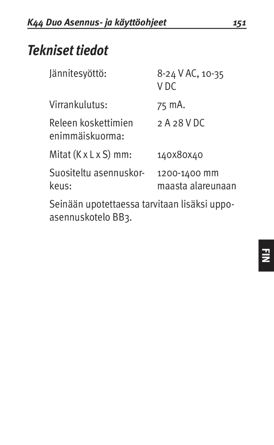 Siemens user manual Tekniset tiedot, K44 Duo Asennus- ja käyttöohjeet 151 