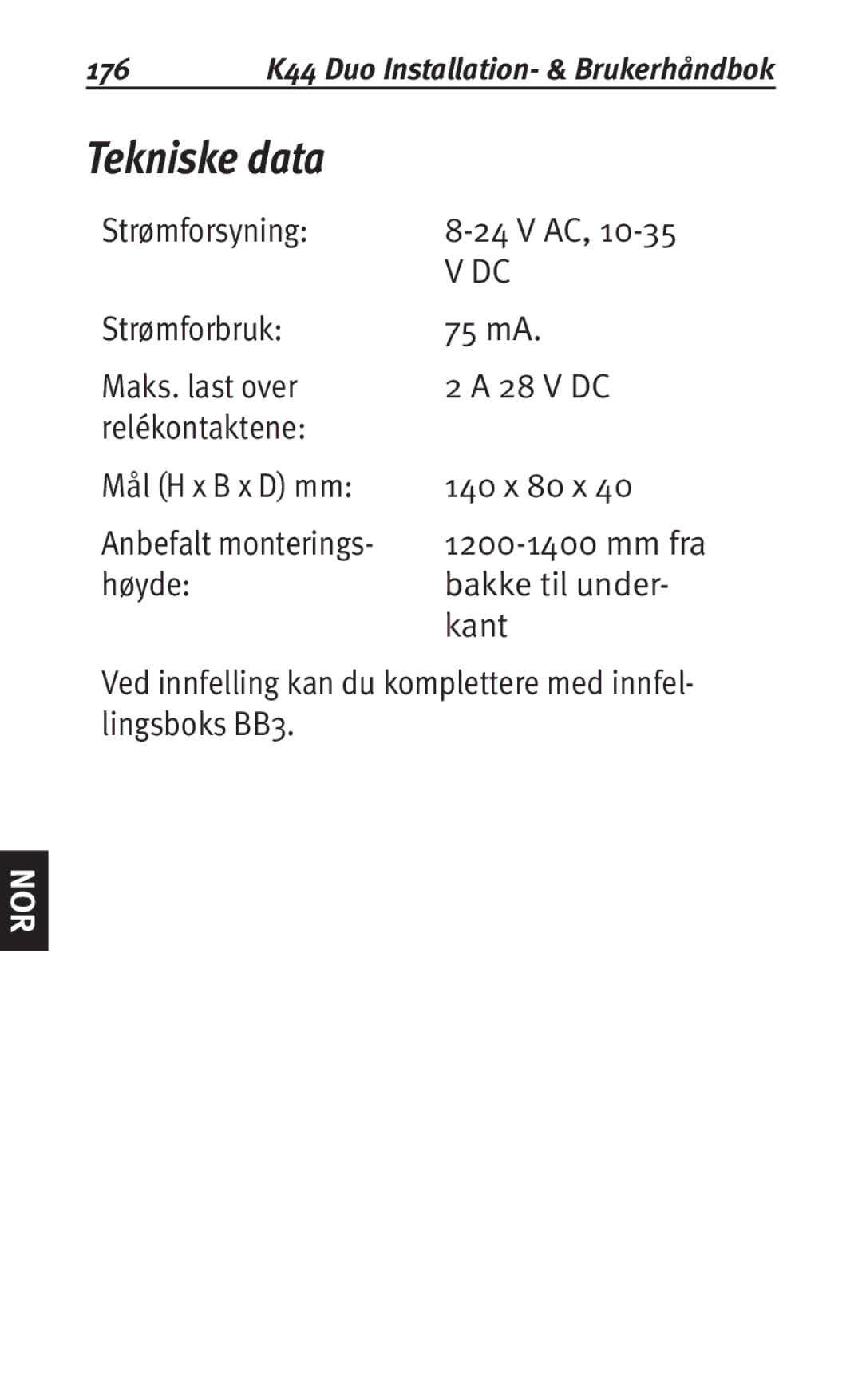 Siemens user manual Tekniske data, 176 K44 Duo Installation- & Brukerhåndbok 