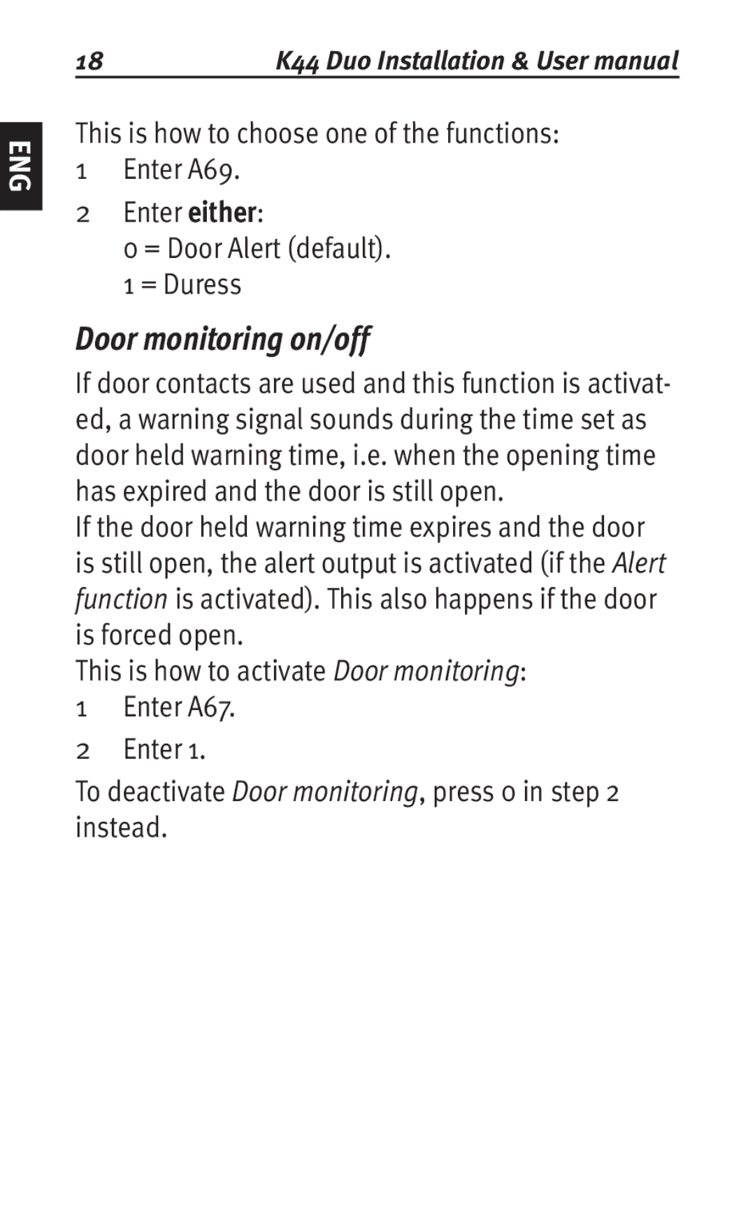 Siemens K44 user manual Door monitoring on/off 