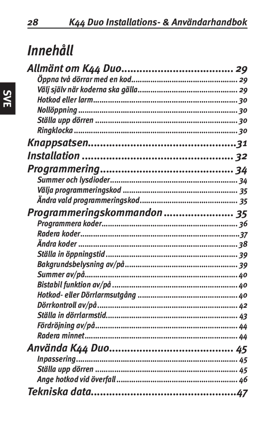 Siemens user manual Innehåll, 28 K44 Duo Installations- & Användarhandbok 