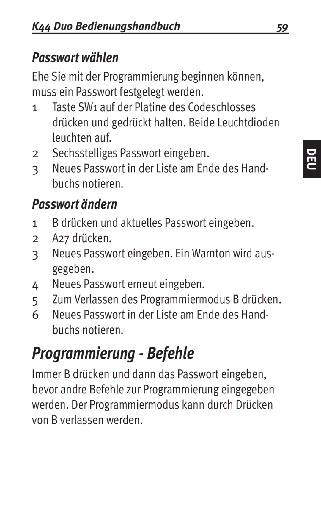 Siemens K44 user manual Programmierung Befehle, Passwort wählen, Passwort ändern 