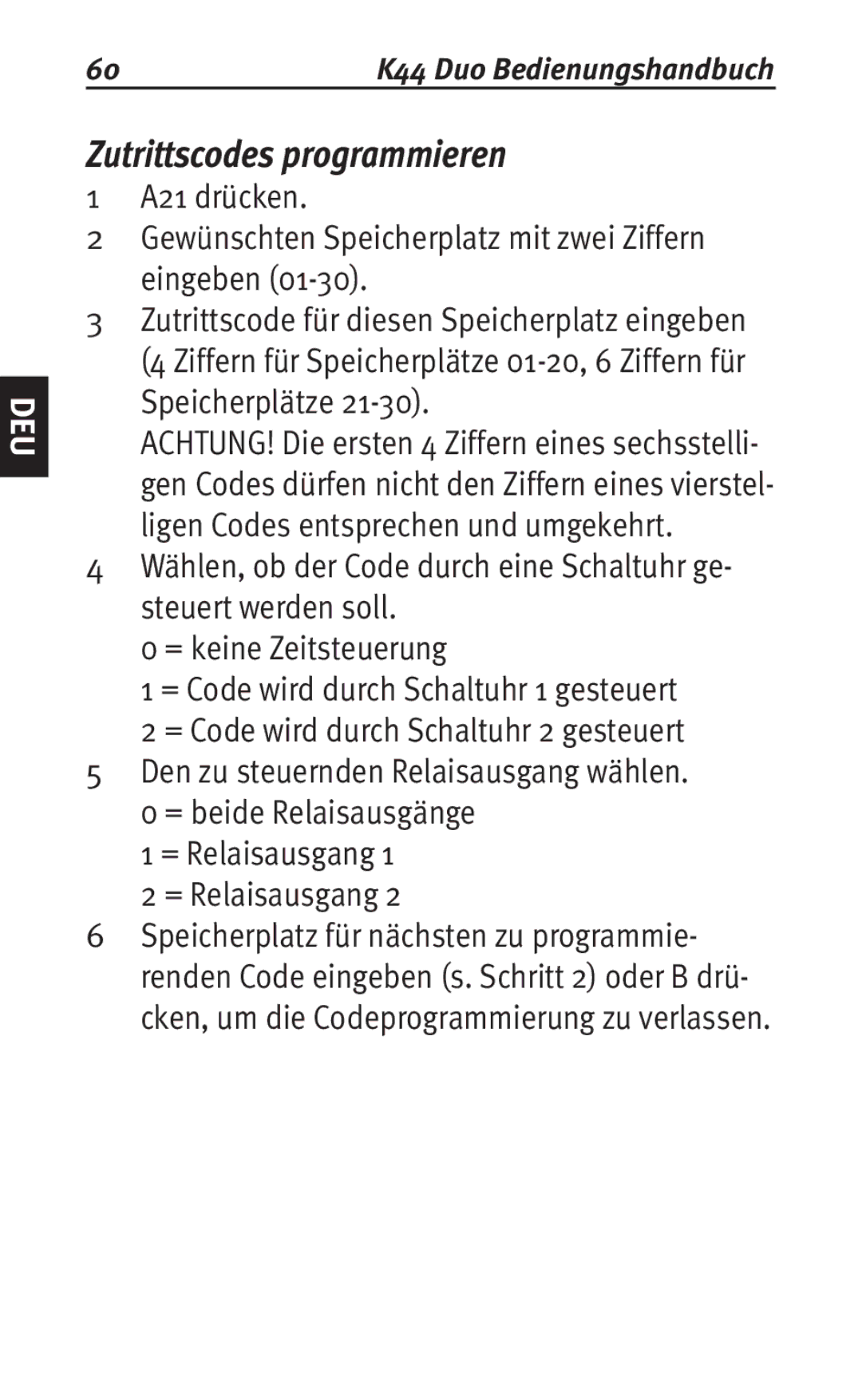 Siemens K44 user manual Zutrittscodes programmieren 