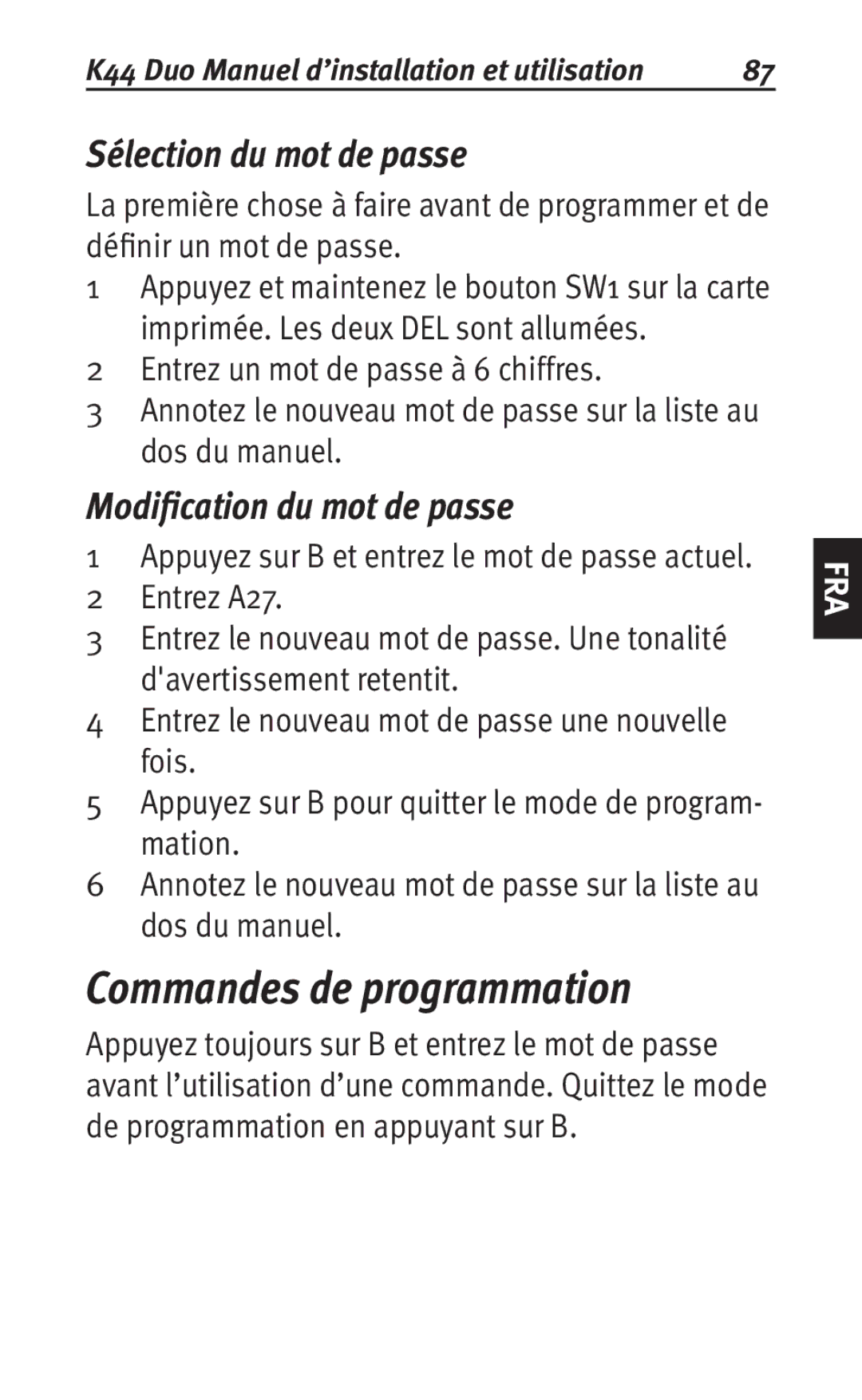 Siemens K44 user manual Commandes de programmation, Sélection du mot de passe, Modification du mot de passe 