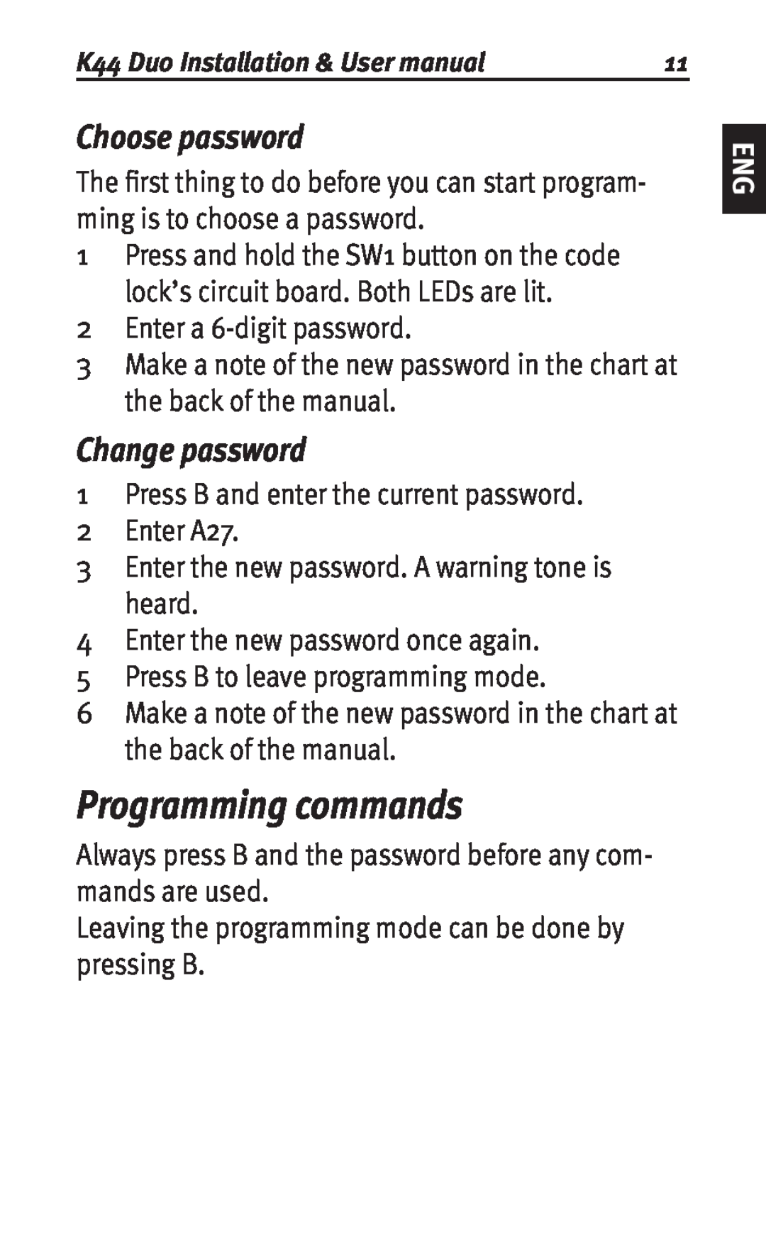 Siemens K44 user manual Programming commands, Choose password, Change password 
