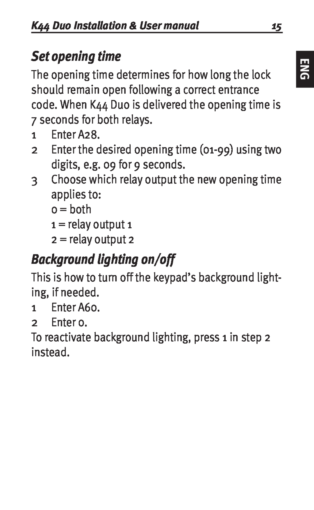 Siemens K44 user manual Set opening time, Background lighting on/off 