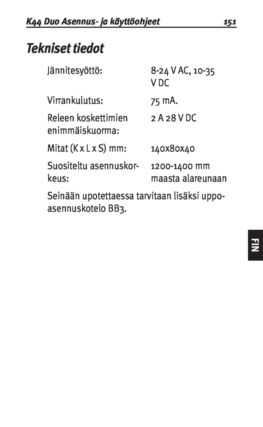Siemens K44 user manual Tekniset tiedot 