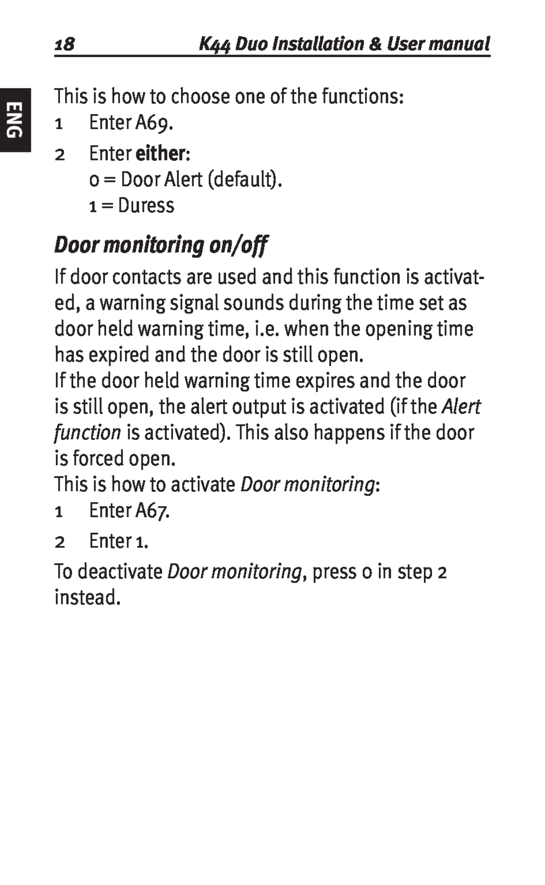 Siemens K44 user manual Door monitoring on/off 