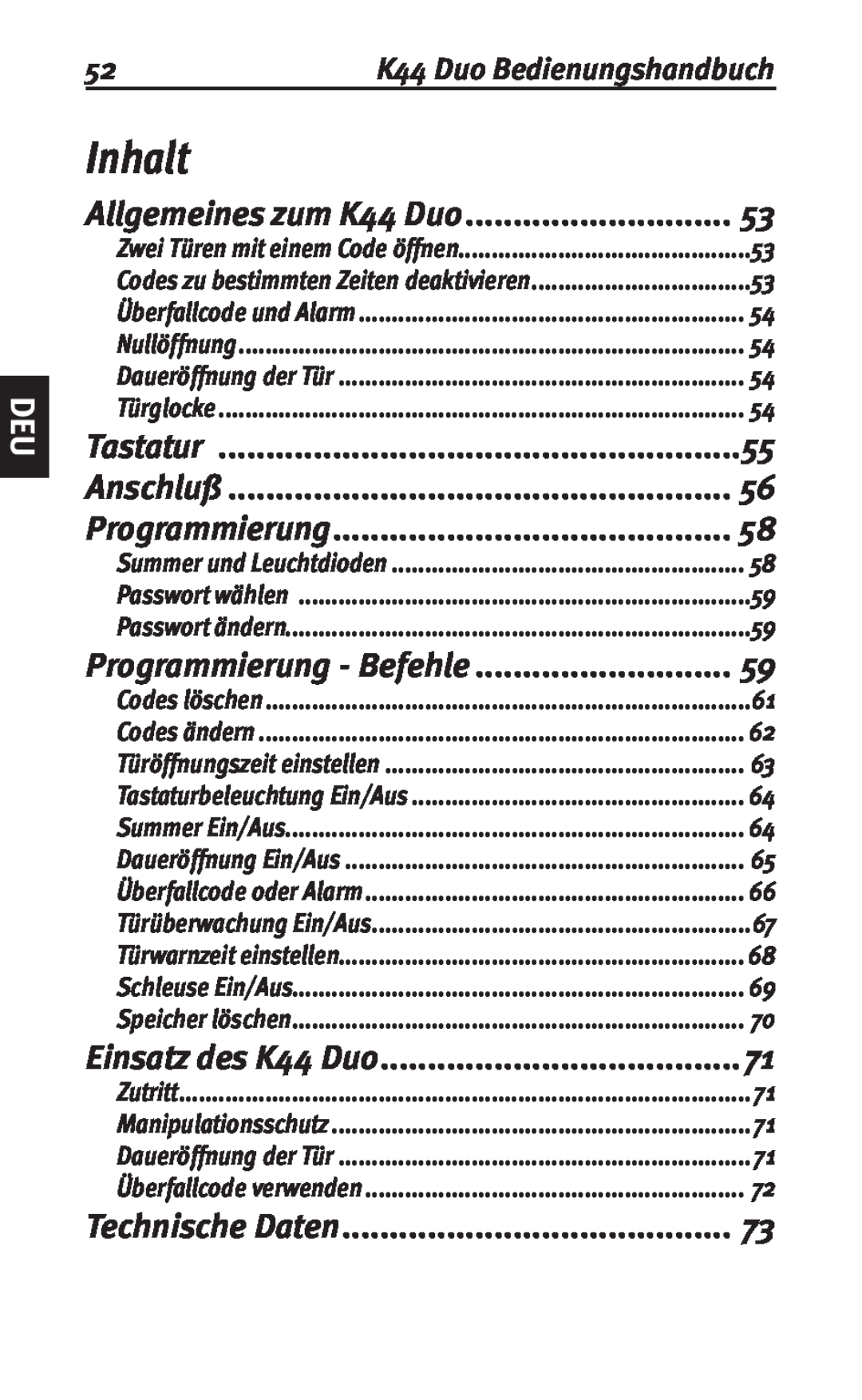 Siemens user manual Inhalt, Tastatur, Anschluß, Technische Daten, Allgemeines zum K44 Duo, Programmierung - Befehle 