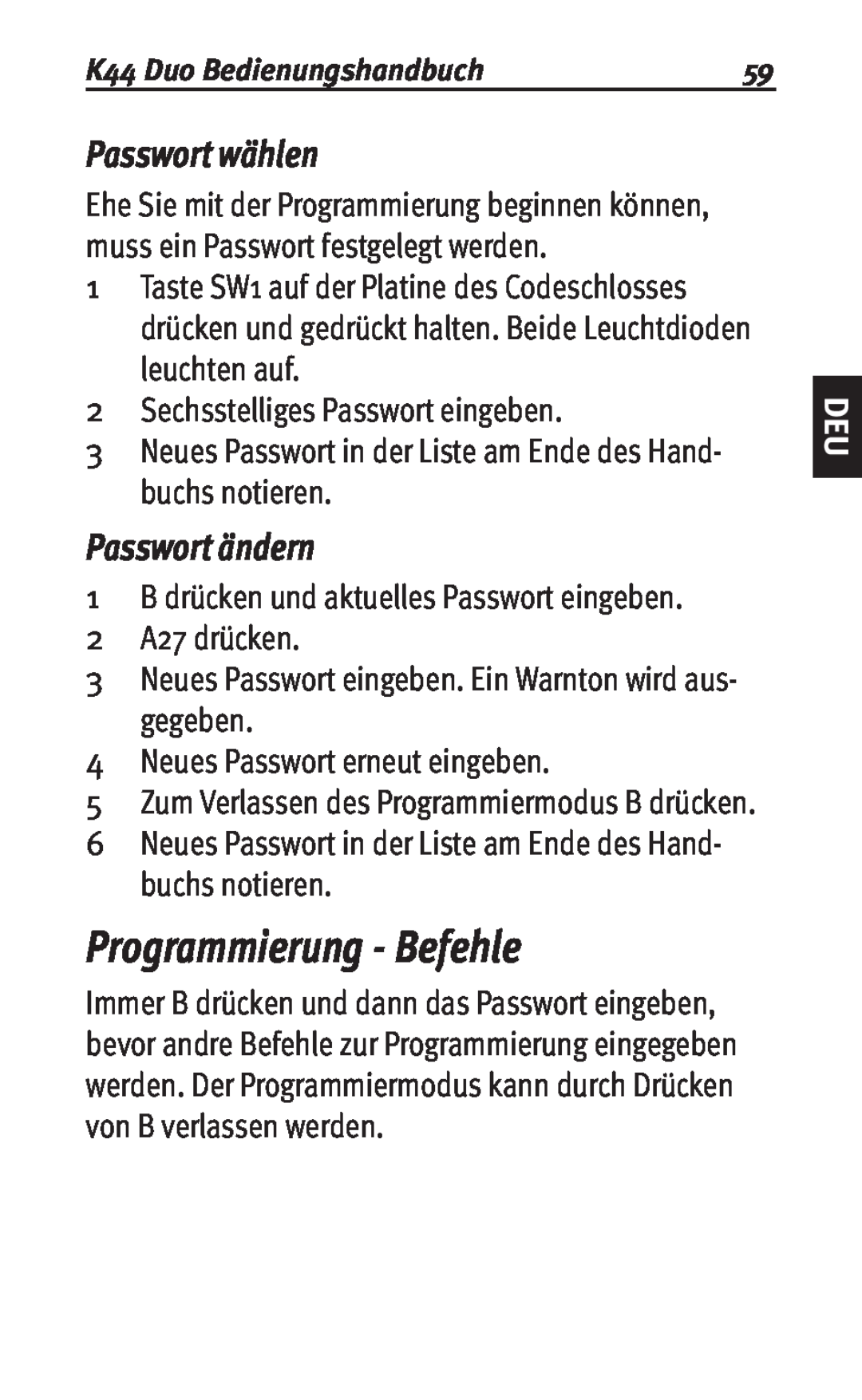Siemens user manual Programmierung - Befehle, Passwort wählen, Passwort ändern, K44 Duo Bedienungshandbuch 