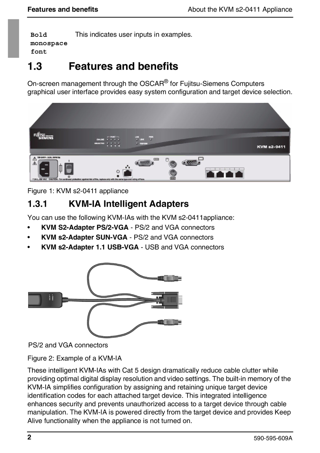 Siemens KVM s2-0411 Features and benefits, KVM-IA Intelligent Adapters, KVM s2-Adapter 1.1 USB-VGA USB and VGA connectors 