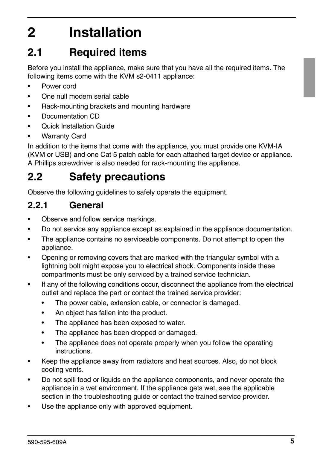 Siemens KVM s2-0411 manual Installation, Required items, Safety precautions, General 