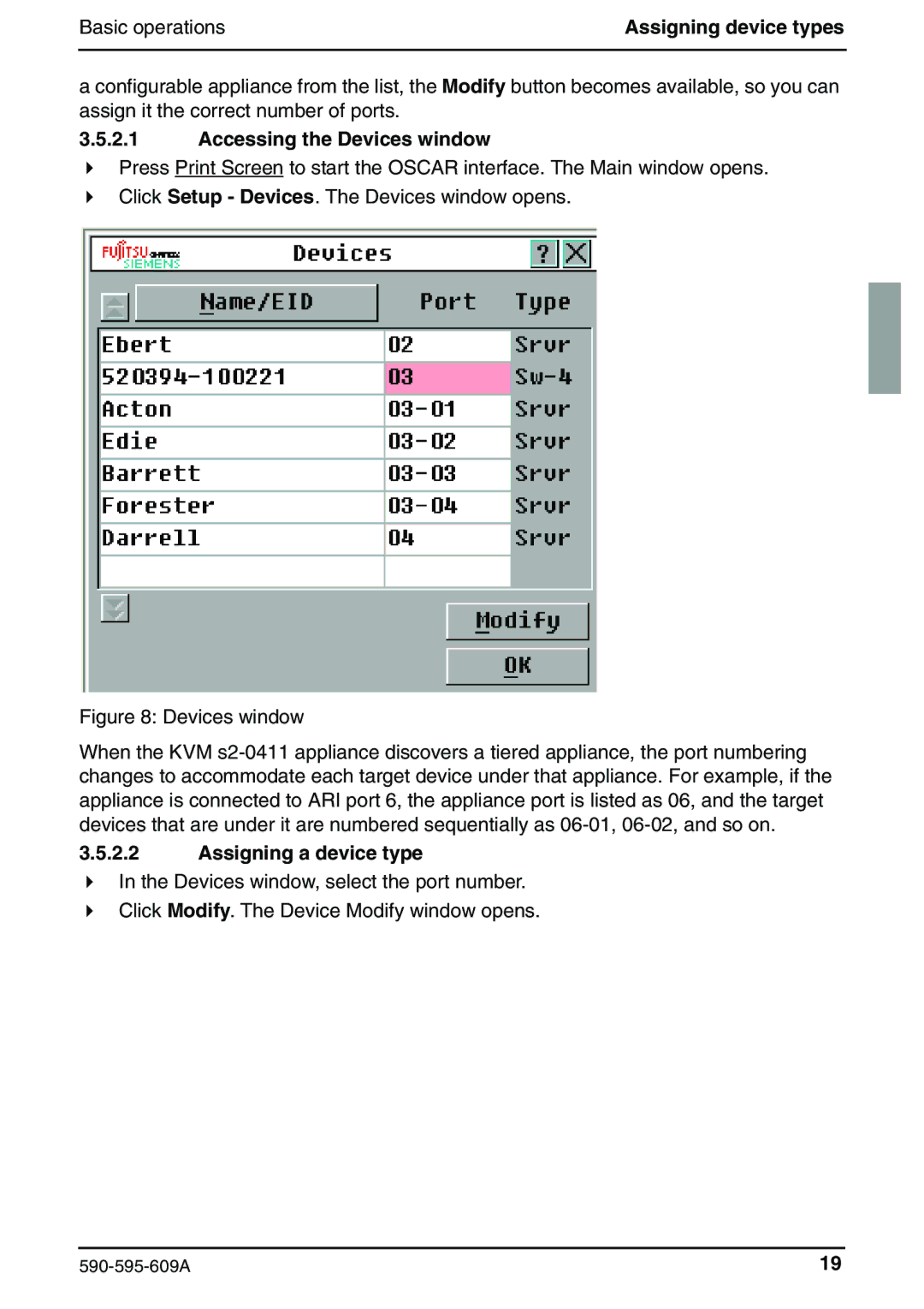 Siemens KVM s2-0411 manual Assigning device types, Accessing the Devices window, Assigning a device type 