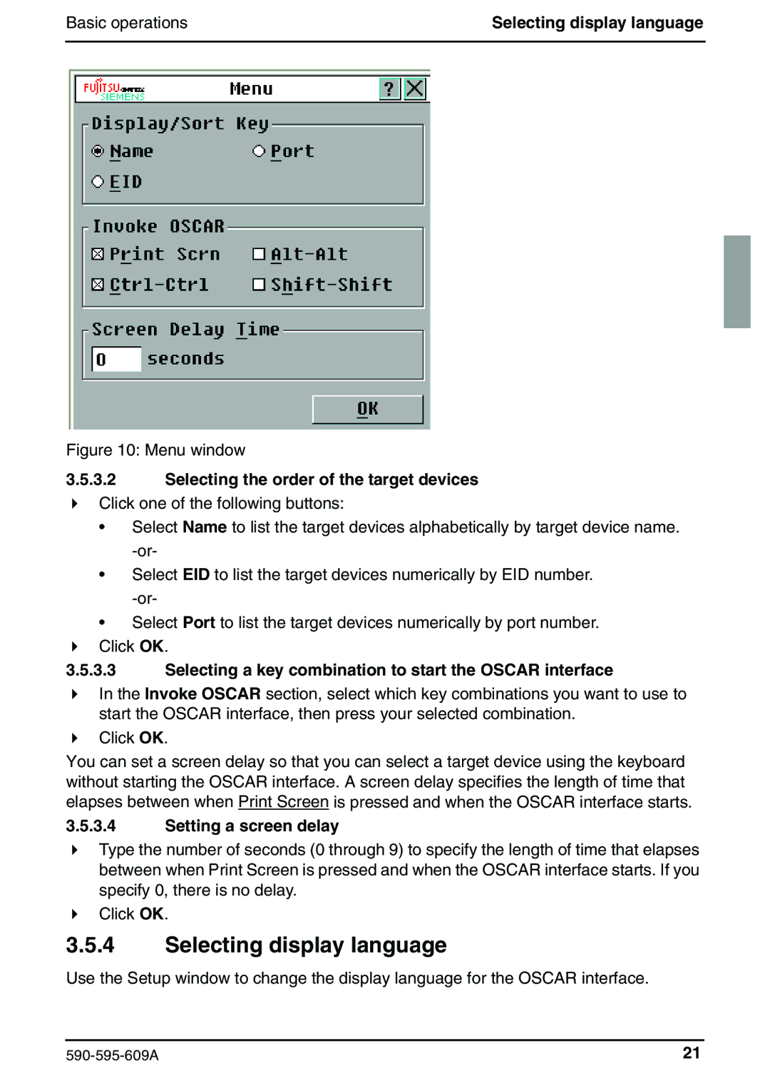 Siemens KVM s2-0411 manual Selecting display language, Selecting the order of the target devices, Setting a screen delay 