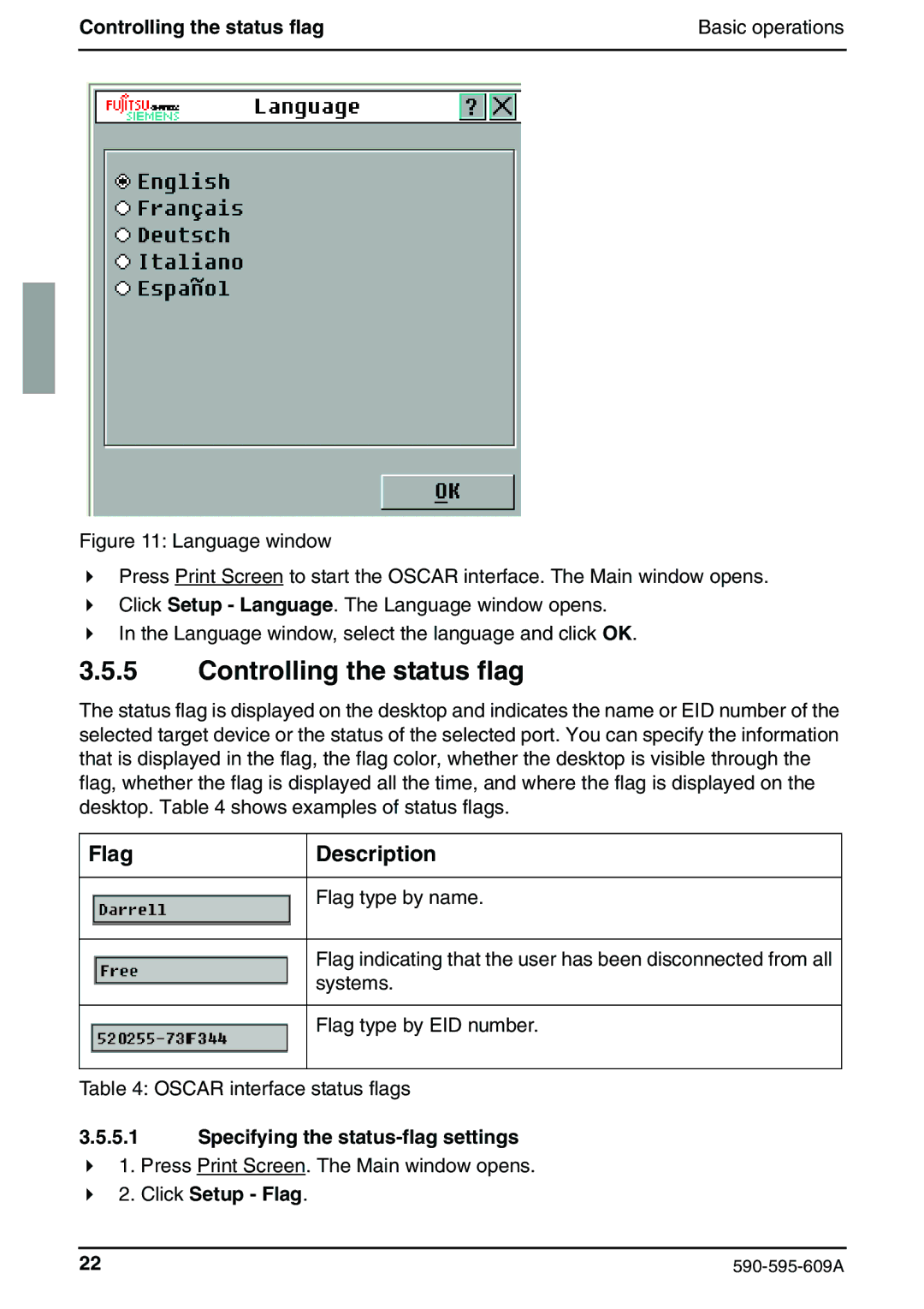 Siemens KVM s2-0411 Controlling the status flag, Flag Description, Specifying the status-flag settings, Click Setup Flag 