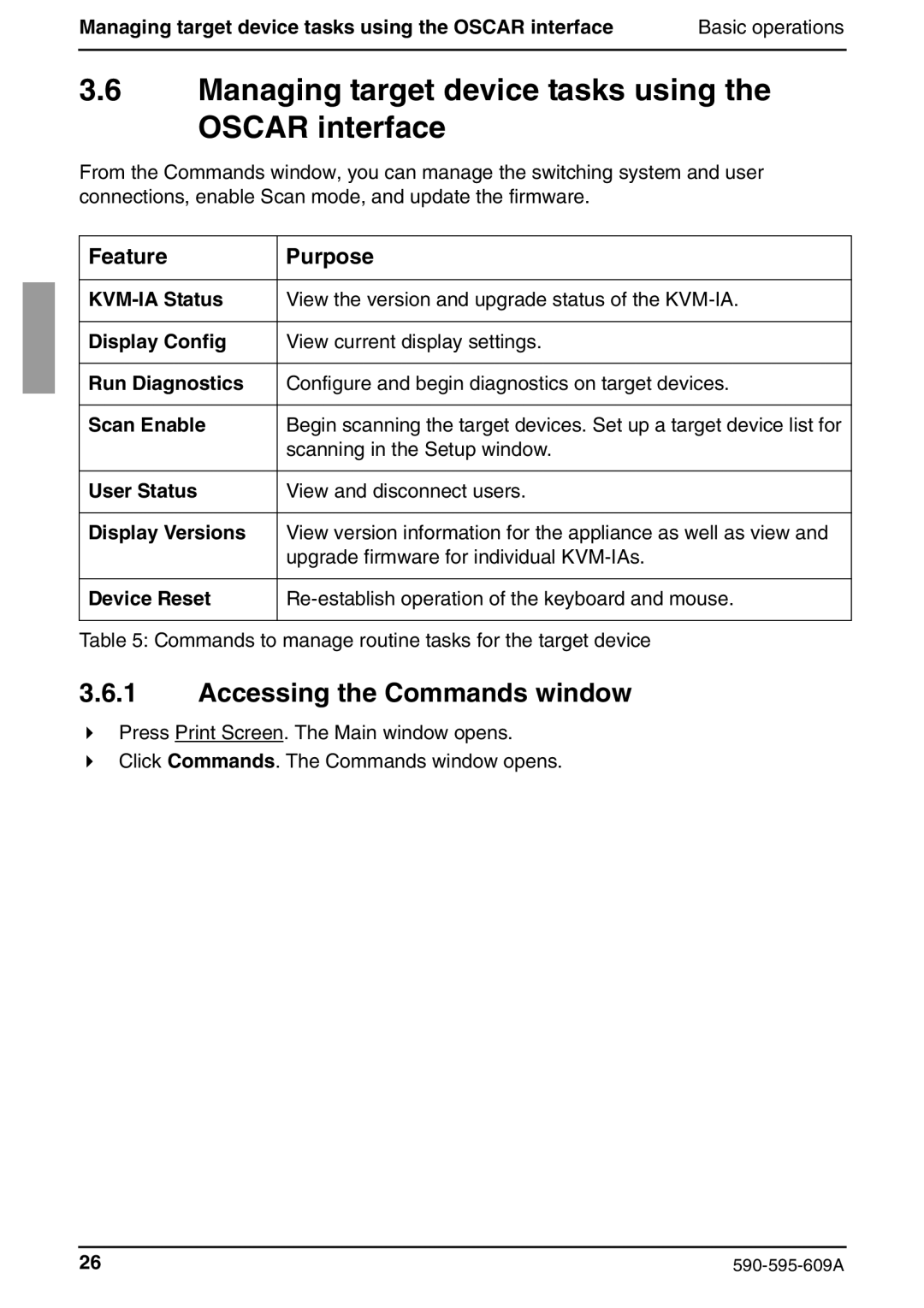 Siemens KVM s2-0411 Managing target device tasks using the Oscar interface, Accessing the Commands window, Feature Purpose 