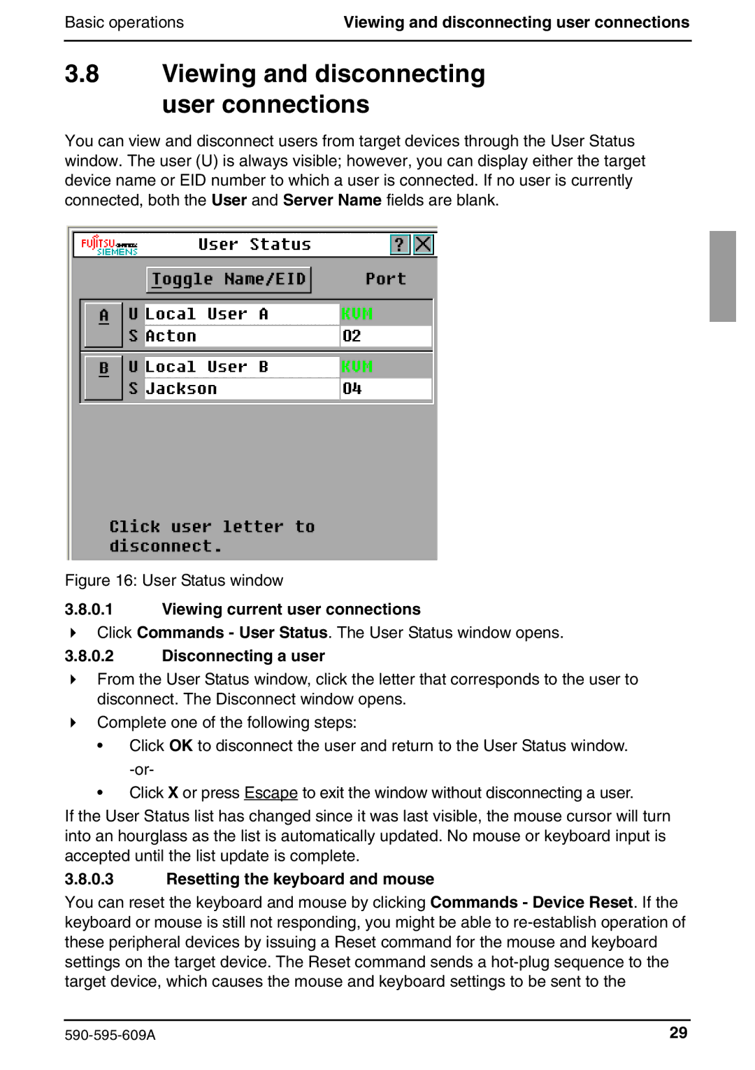 Siemens KVM s2-0411 Viewing and disconnecting user connections, Viewing current user connections, Disconnecting a user 