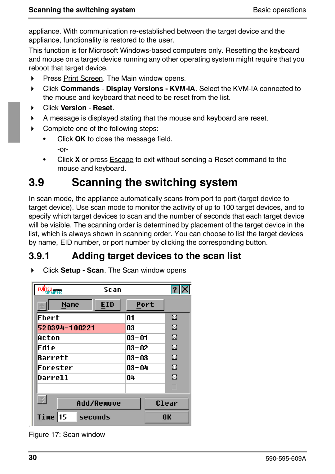 Siemens KVM s2-0411 manual Scanning the switching system, Adding target devices to the scan list, Click Version Reset 