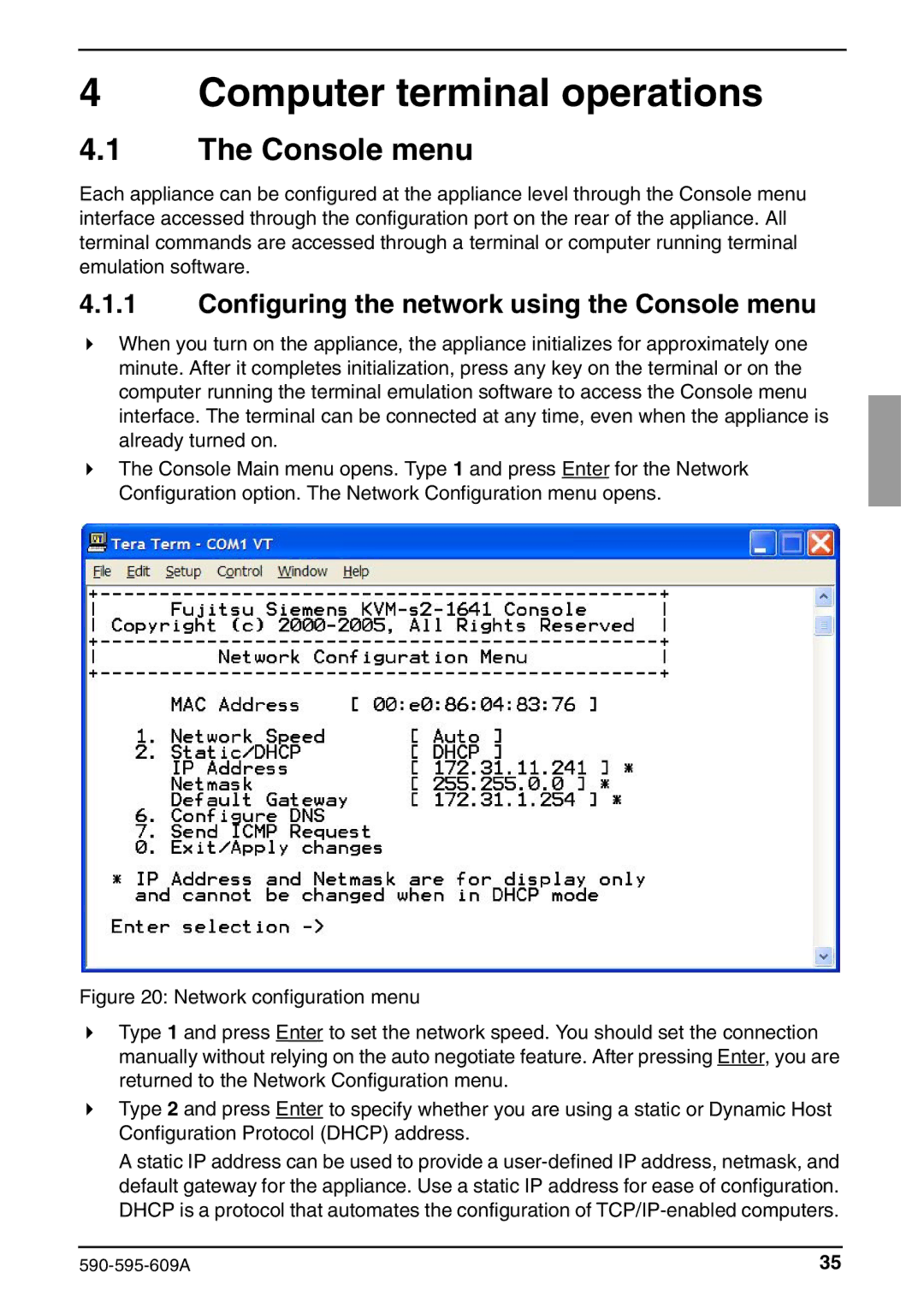 Siemens KVM s2-0411 manual Computer terminal operations, Configuring the network using the Console menu 