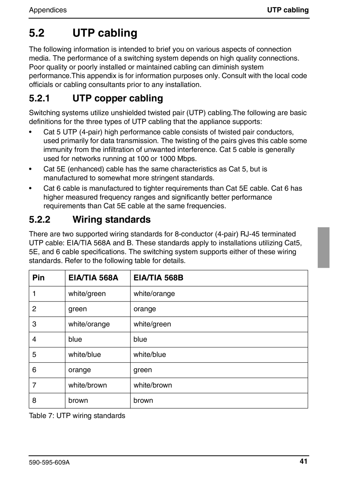 Siemens KVM s2-0411 manual UTP cabling, UTP copper cabling, Wiring standards, Pin 