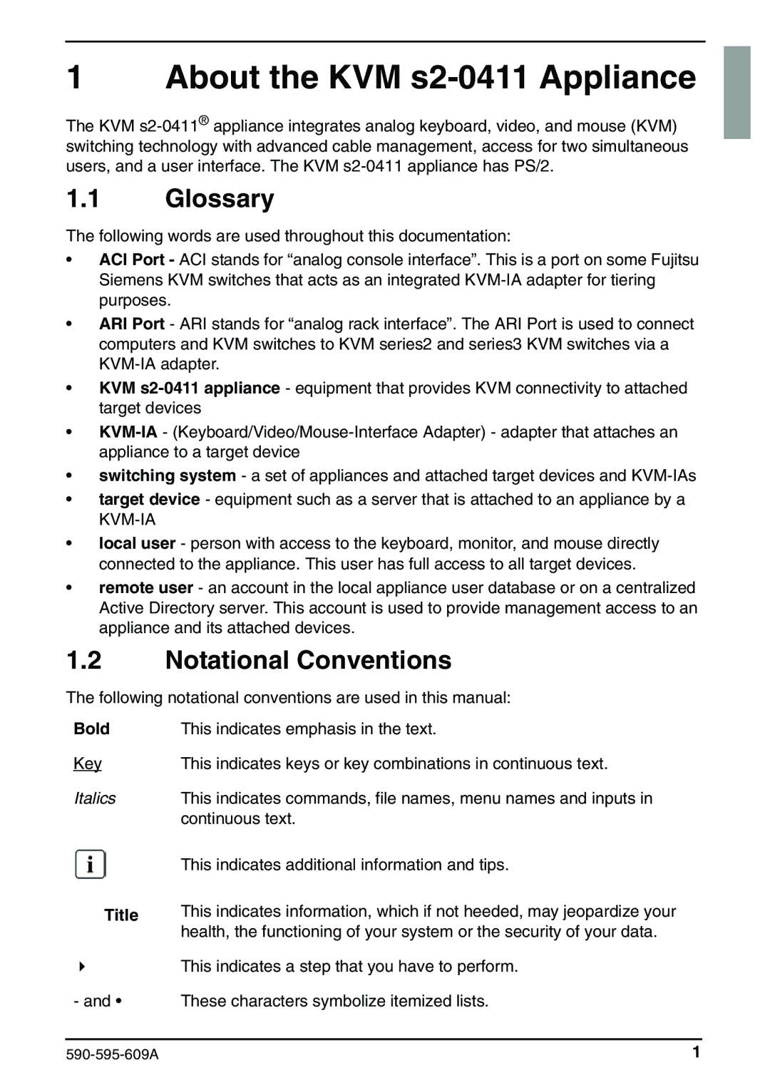 Siemens manual About the KVM s2-0411 Appliance, Glossary, Notational Conventions, Bold, Title 