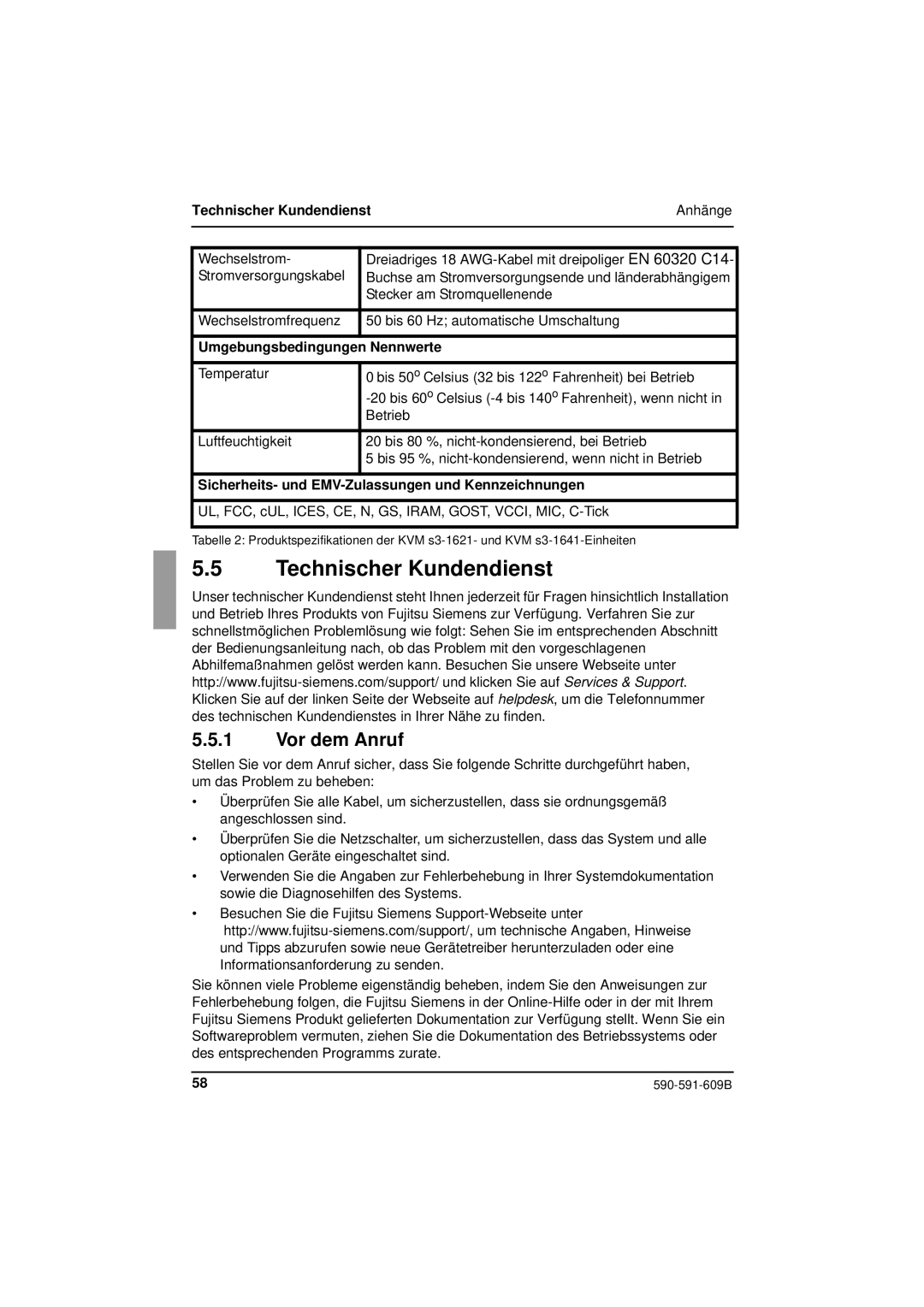 Siemens KVM series 3-1621 manual Technischer Kundendienst, Vor dem Anruf, Umgebungsbedingungen Nennwerte 