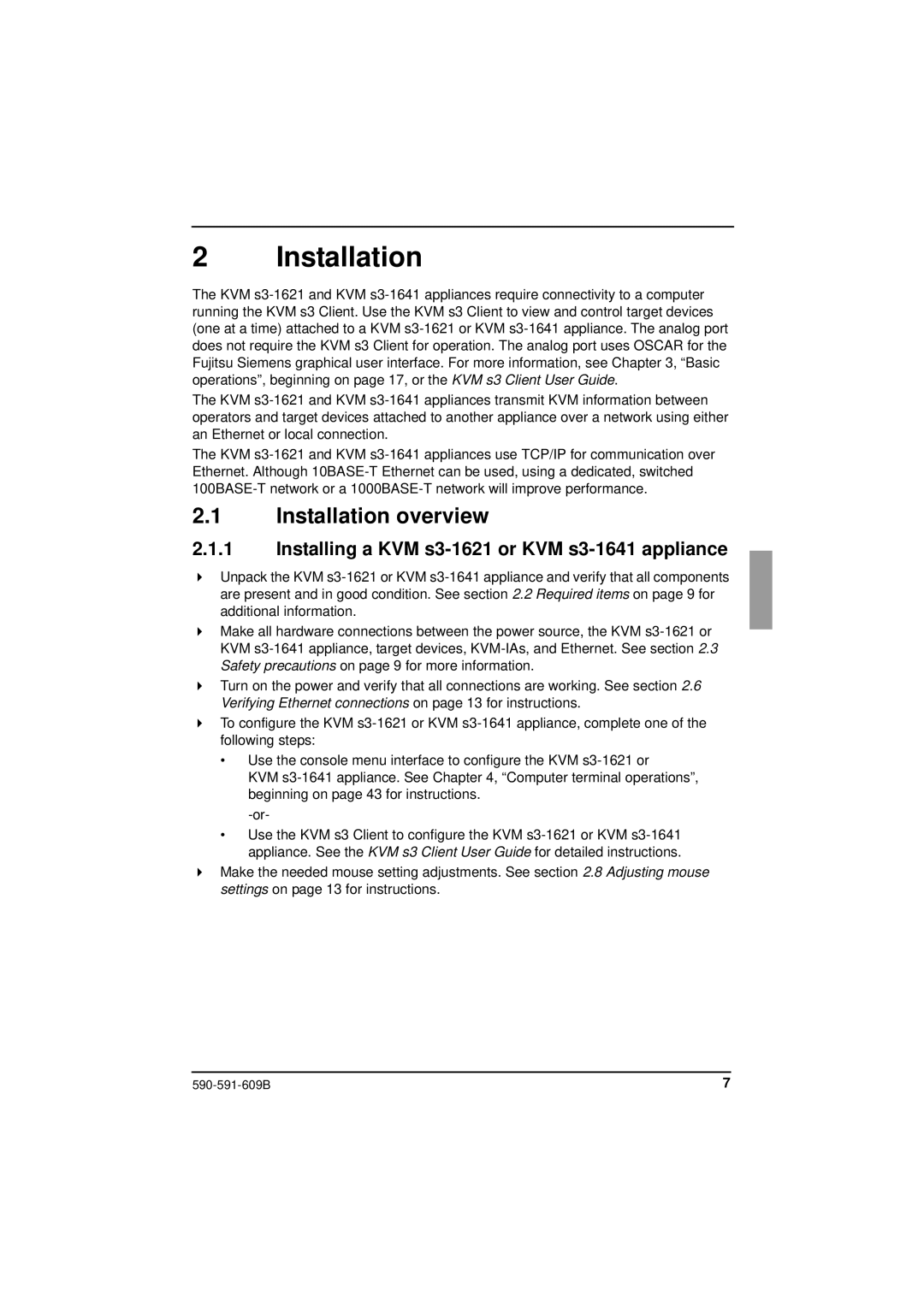 Siemens KVM series 3-1621 manual Installation overview, Installing a KVM s3-1621 or KVM s3-1641 appliance 