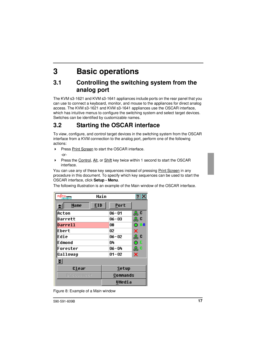 Siemens KVM series 3-1621 manual Basic operations, Controlling the switching system from the analog port 