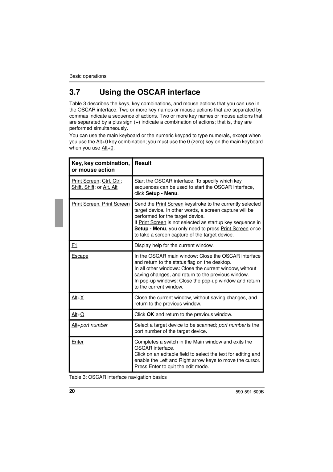 Siemens KVM series 3-1621 manual Using the Oscar interface, Key, key combination Result Or mouse action, Click Setup Menu 