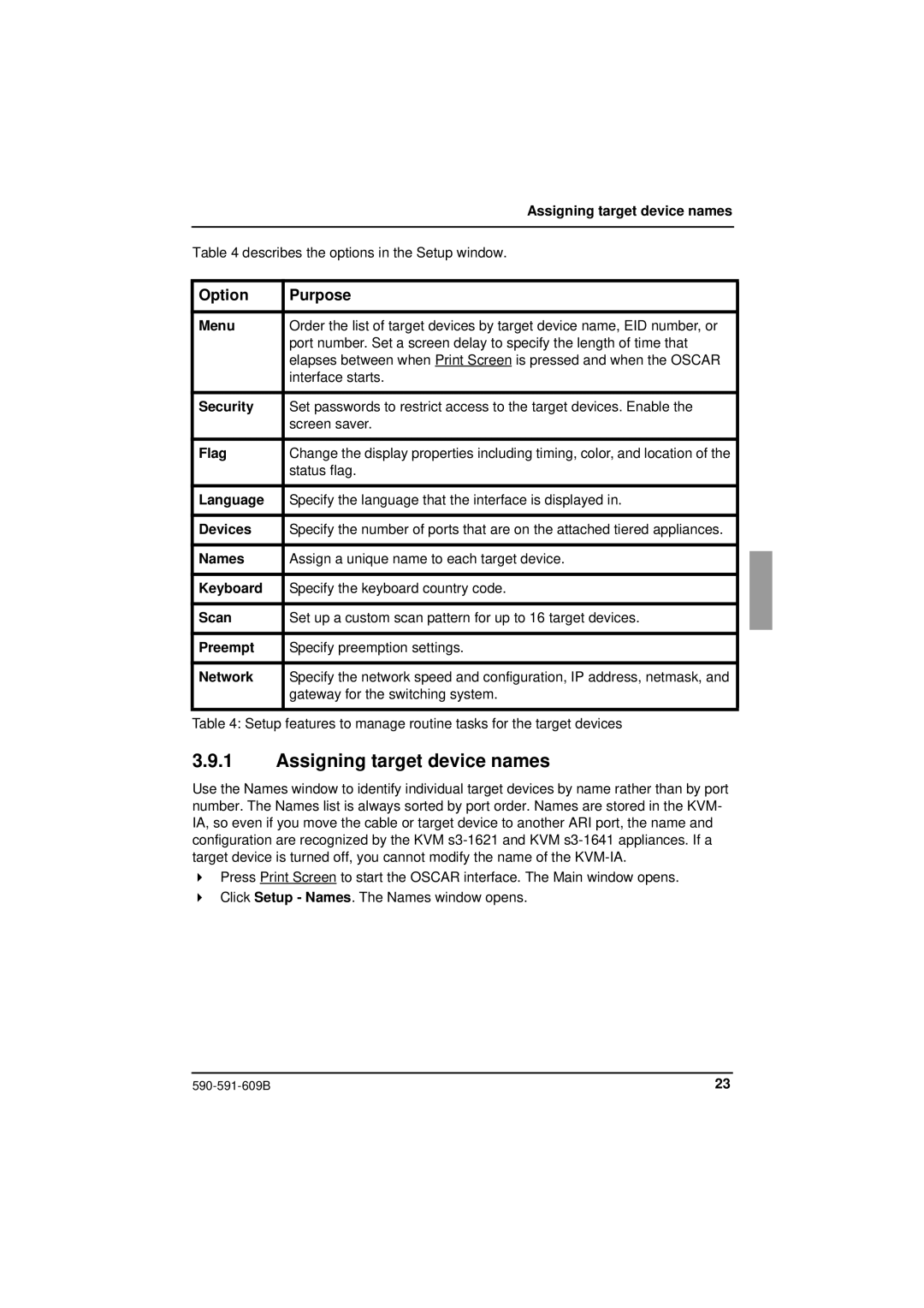 Siemens KVM series 3-1621 manual Assigning target device names, Option Purpose 