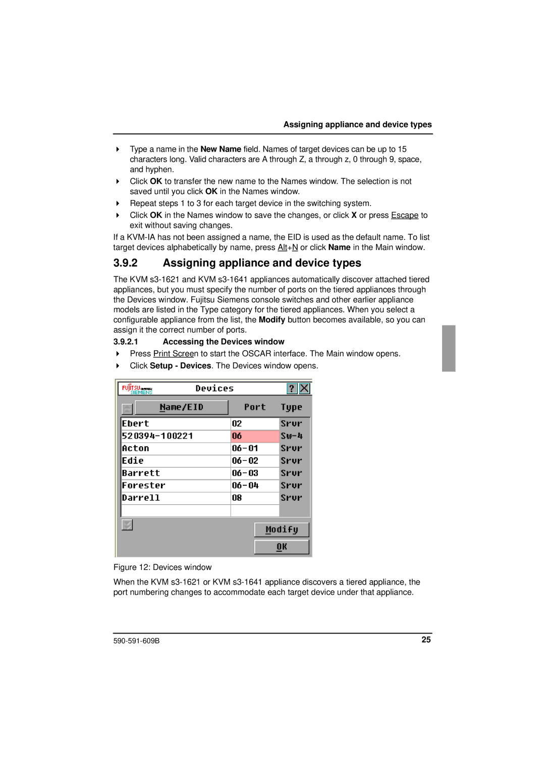 Siemens KVM series 3-1621 manual Assigning appliance and device types, Accessing the Devices window 