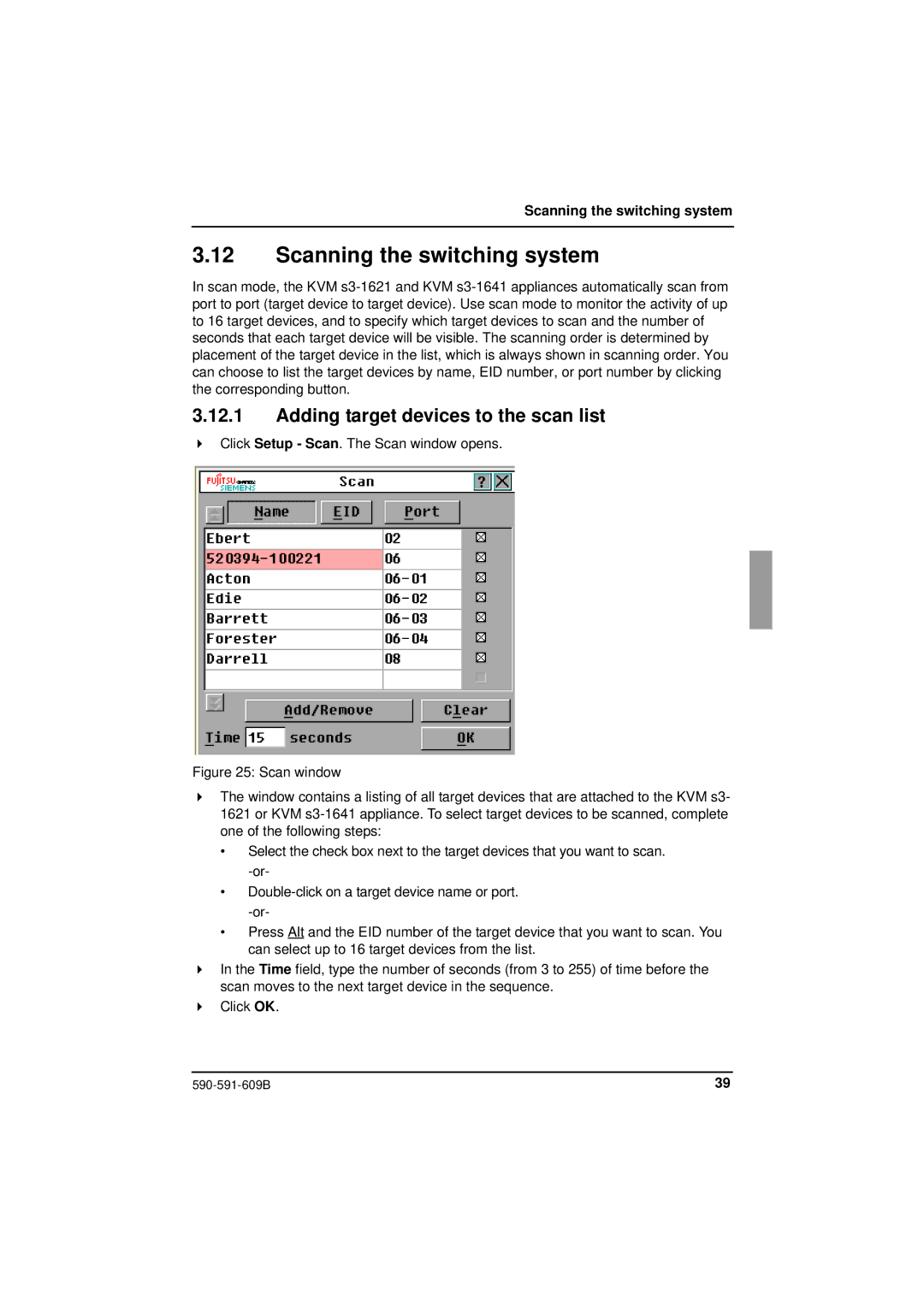 Siemens KVM series 3-1621 manual Scanning the switching system, Adding target devices to the scan list 