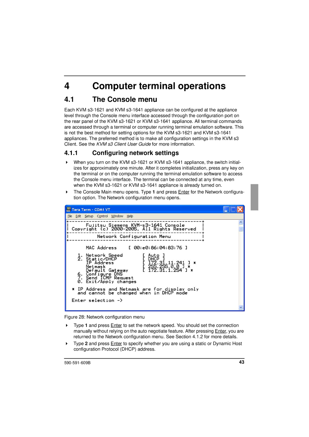 Siemens KVM series 3-1621 manual Computer terminal operations, Console menu, Configuring network settings 