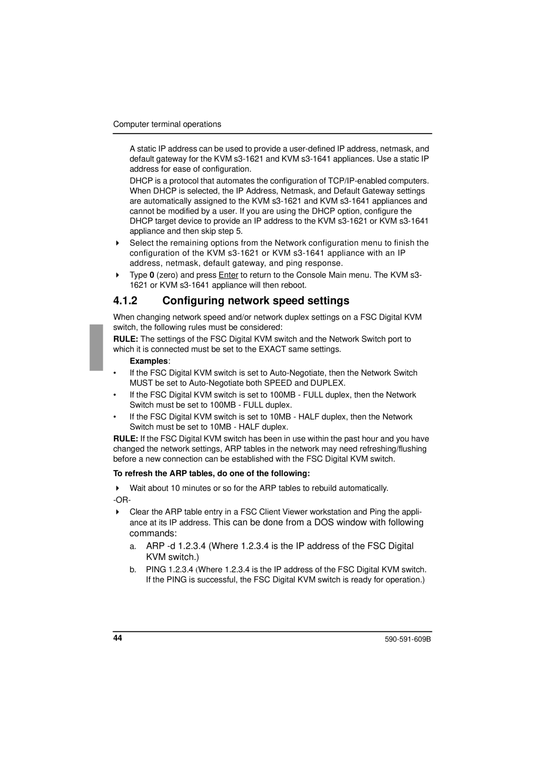 Siemens KVM series 3-1621 Configuring network speed settings, Examples, To refresh the ARP tables, do one of the following 