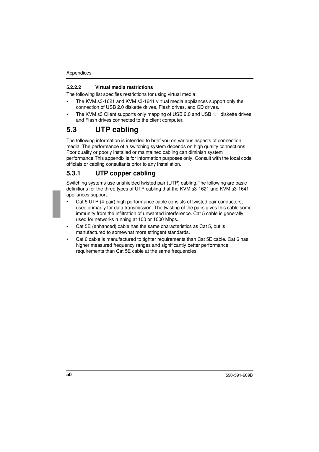 Siemens KVM series 3-1621 manual UTP cabling, UTP copper cabling, Virtual media restrictions 