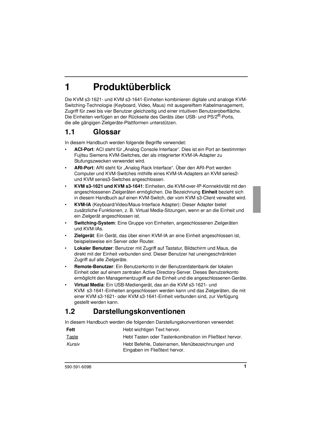 Siemens KVM series 3-1621 manual Produktüberblick, Glossar, Darstellungskonventionen, Fett 