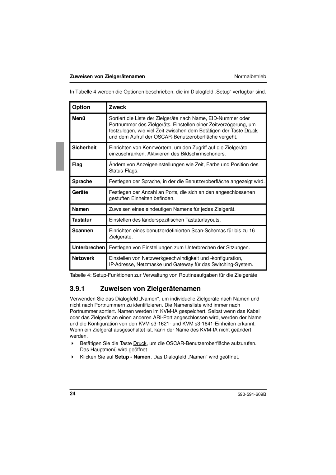 Siemens KVM series 3-1621 manual Zuweisen von Zielgerätenamen, Option Zweck 