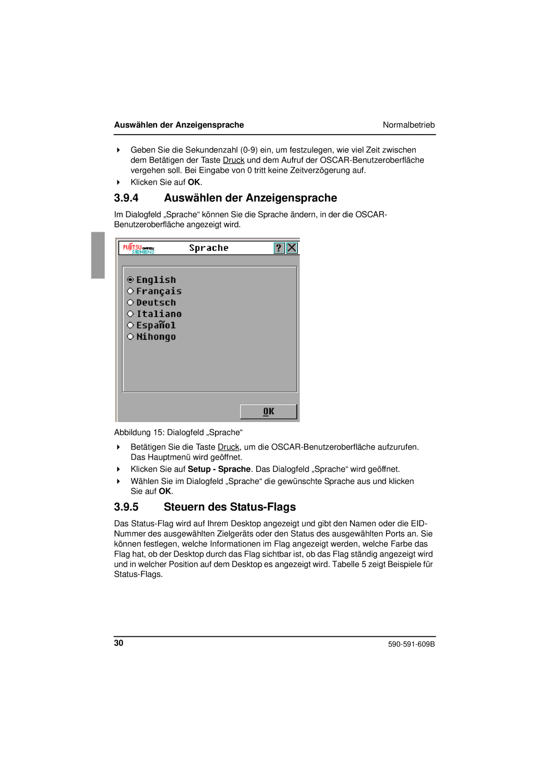 Siemens KVM series 3-1621 manual Auswählen der Anzeigensprache, Steuern des Status-Flags 