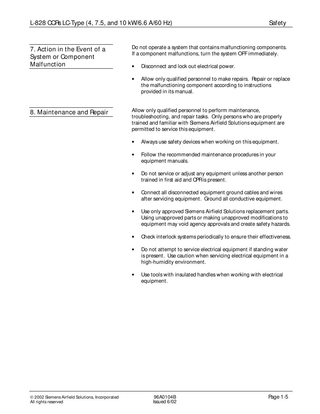 Siemens L-828 manual CCRs LC-Type 4, 7.5, and 10 kW/6.6 A/60 Hz Safety 
