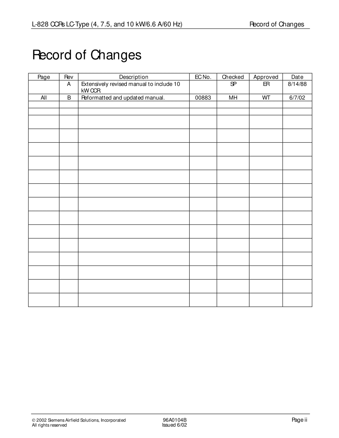 Siemens L-828 manual Record of Changes, Rev Description EC No Checked Approved Date 