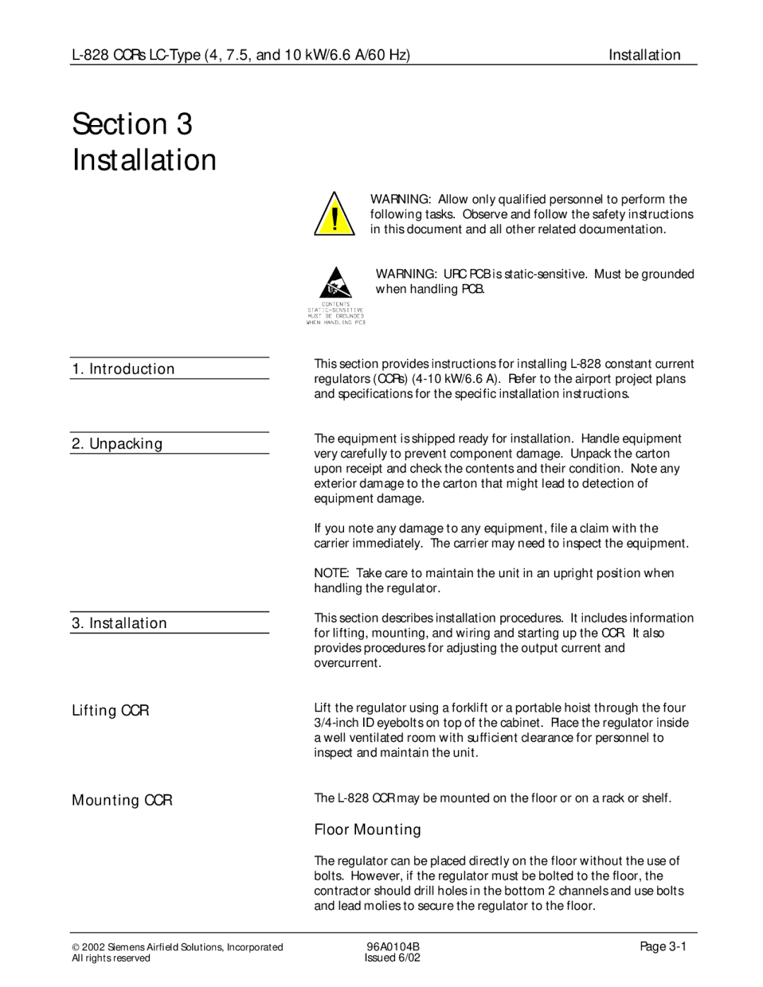 Siemens L-828 manual Section Installation, Floor Mounting 