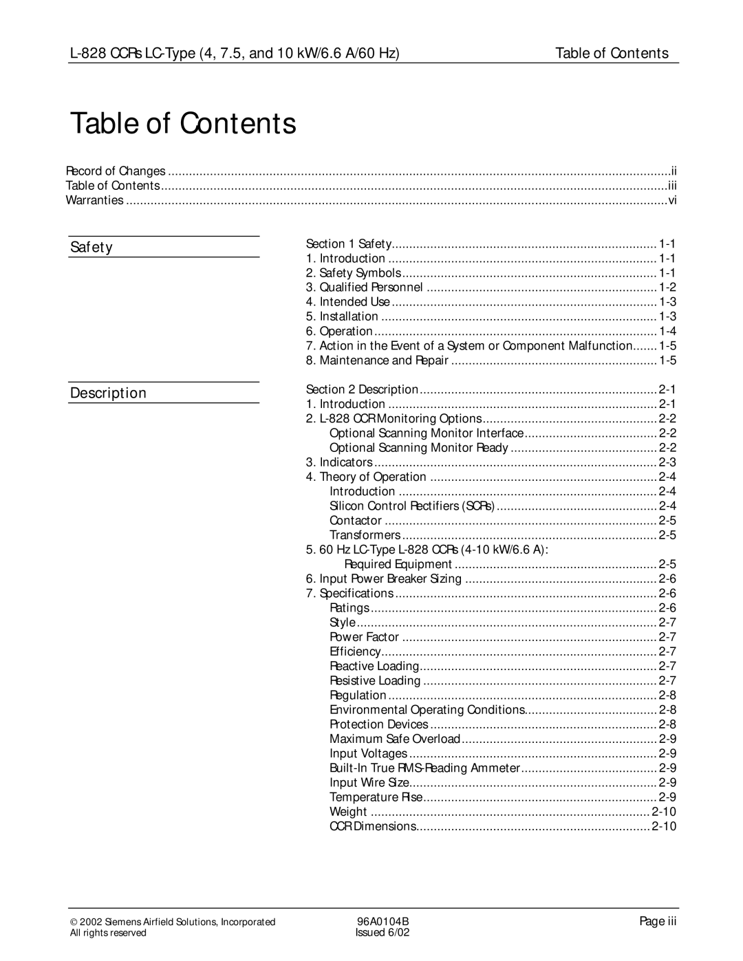 Siemens L-828 manual Table of Contents 