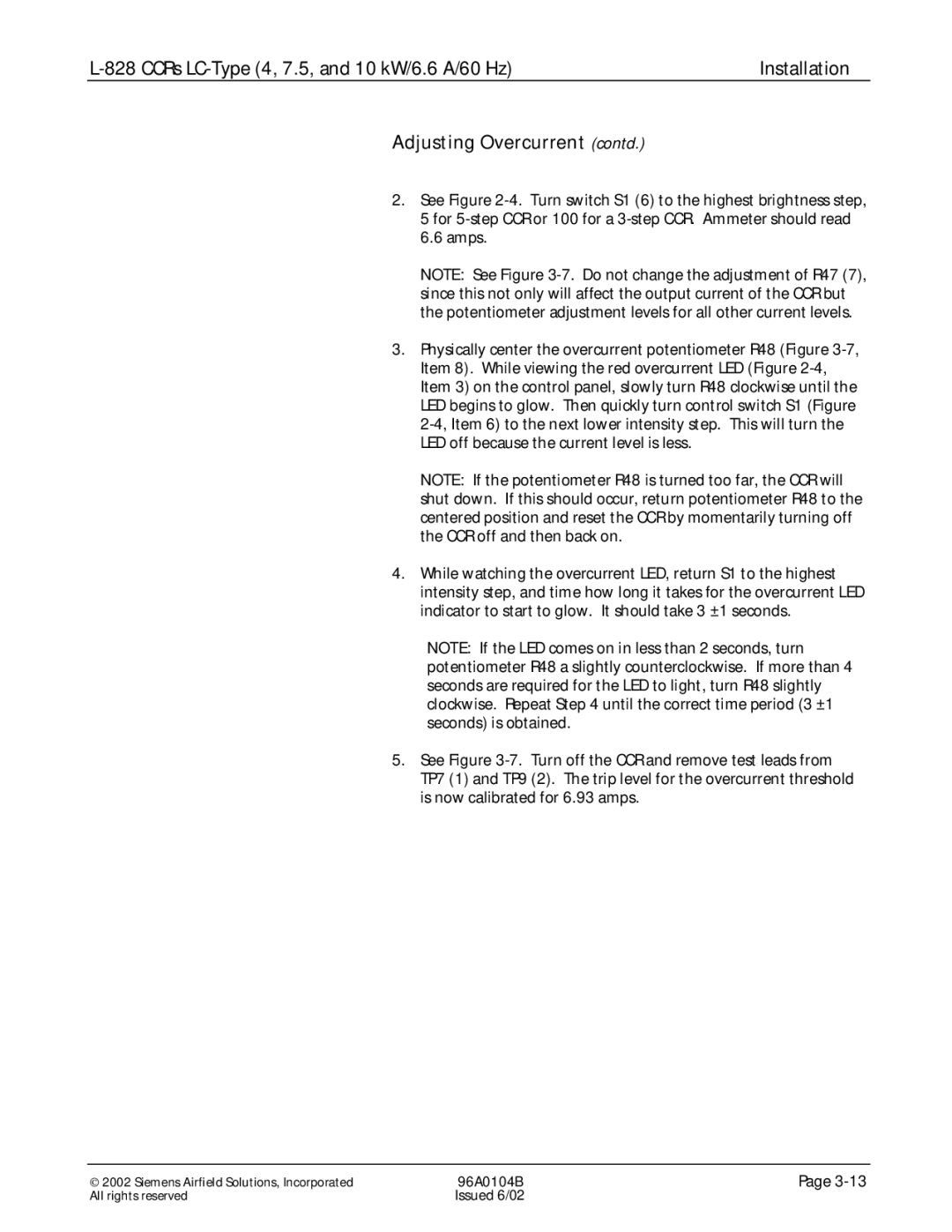 Siemens L-828 manual Adjusting Overcurrent contd 