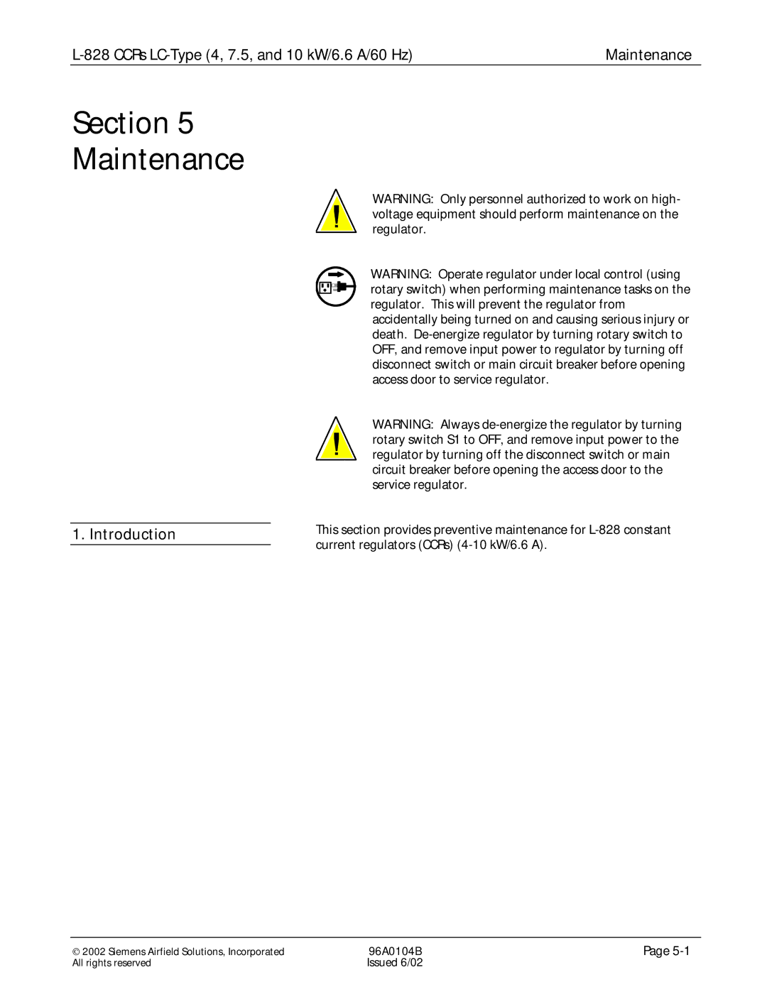 Siemens L-828 manual Maintenance, Introduction 