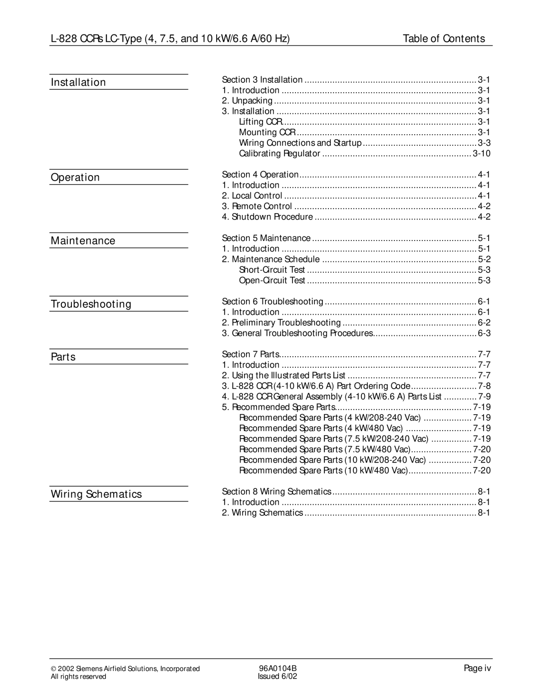 Siemens L-828 manual CCRs LC-Type 4, 7.5, and 10 kW/6.6 A/60 Hz Table of Contents 