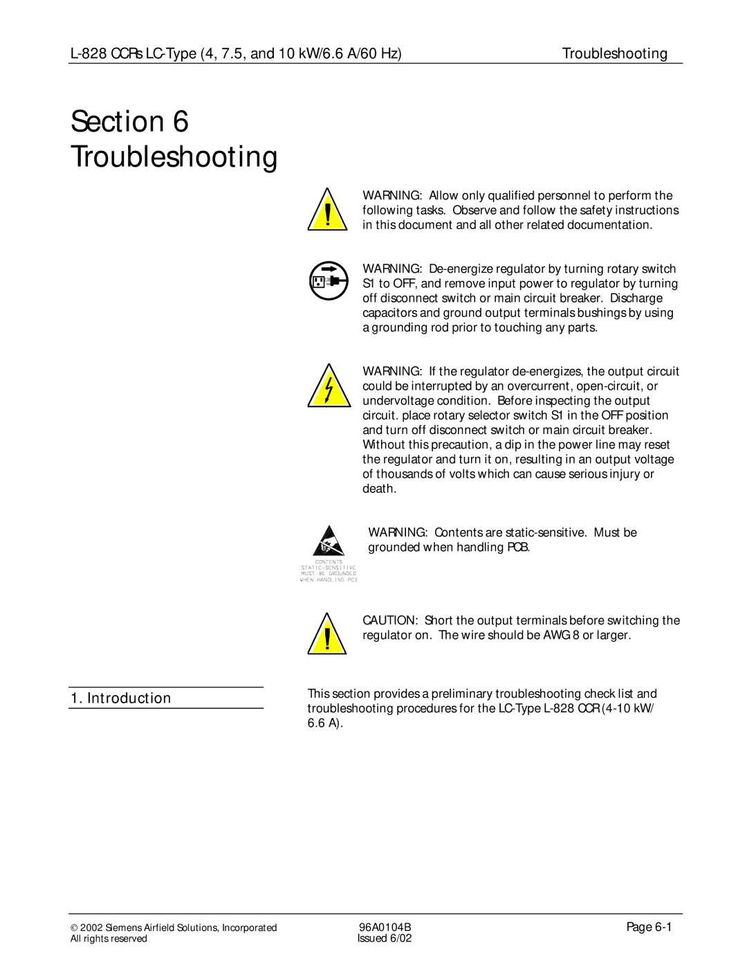 Siemens L-828 manual Troubleshooting, Introduction 