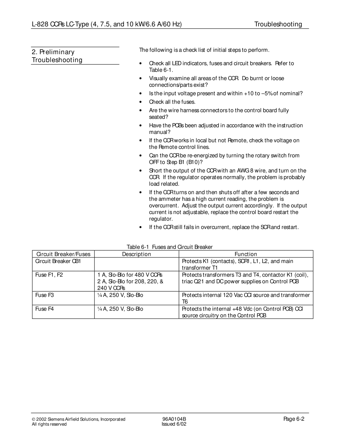 Siemens L-828 manual Preliminary Troubleshooting, Circuit Breaker/Fuses Description Function 