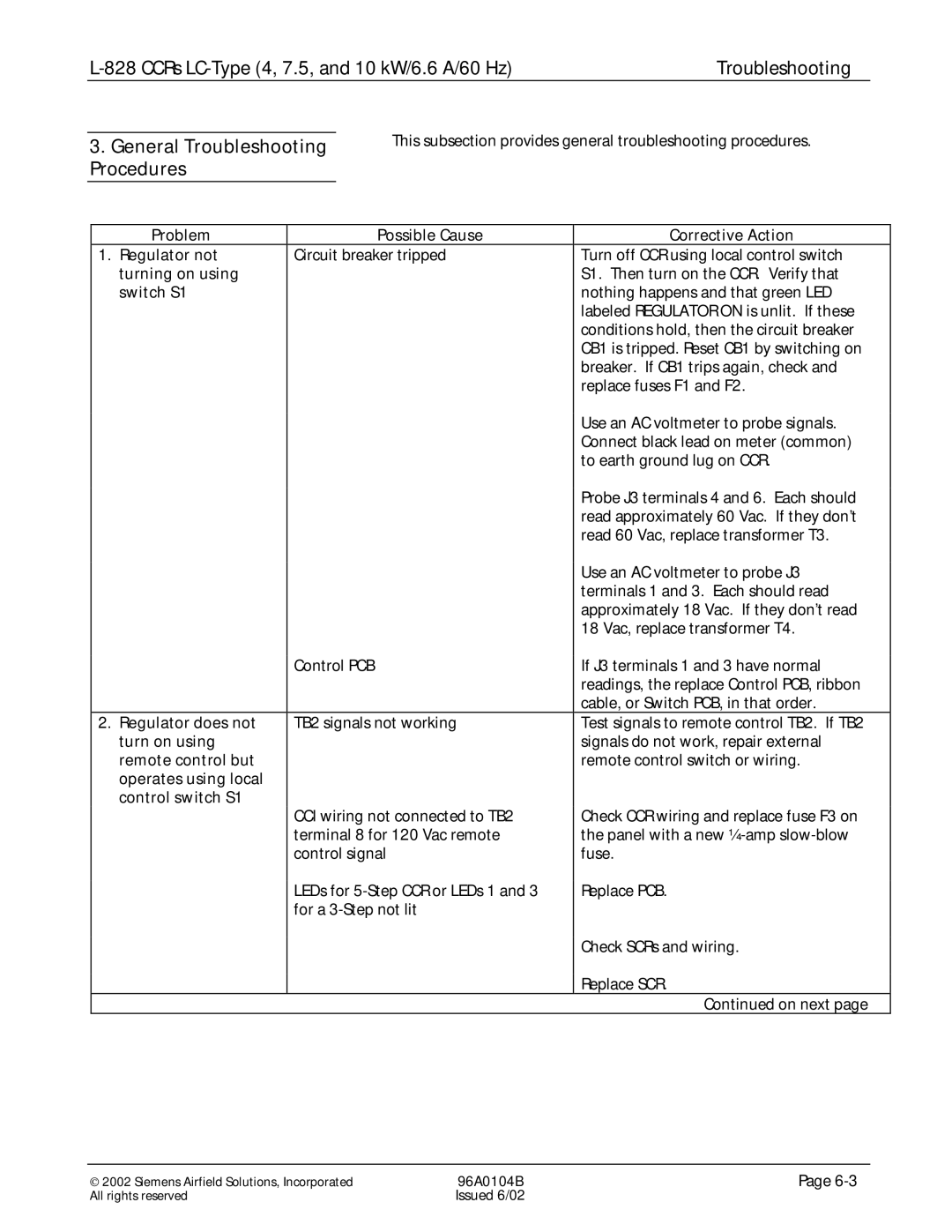 Siemens L-828 manual General Troubleshooting Procedures 