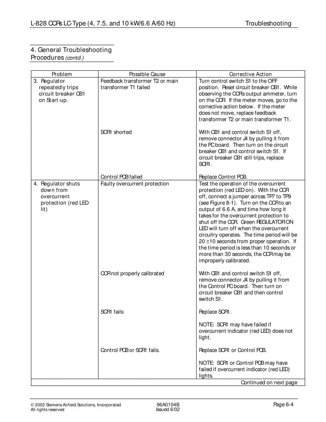 Siemens L-828 manual General Troubleshooting Procedures contd 